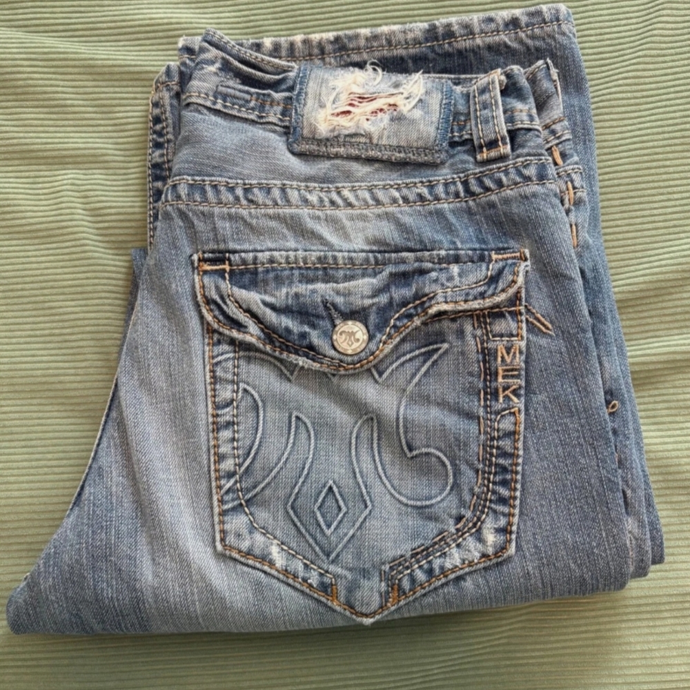 MEK Denim USA KaiKoura Sky Boot Cut Jeans Men's Size 34x34 Distressed Y2K
